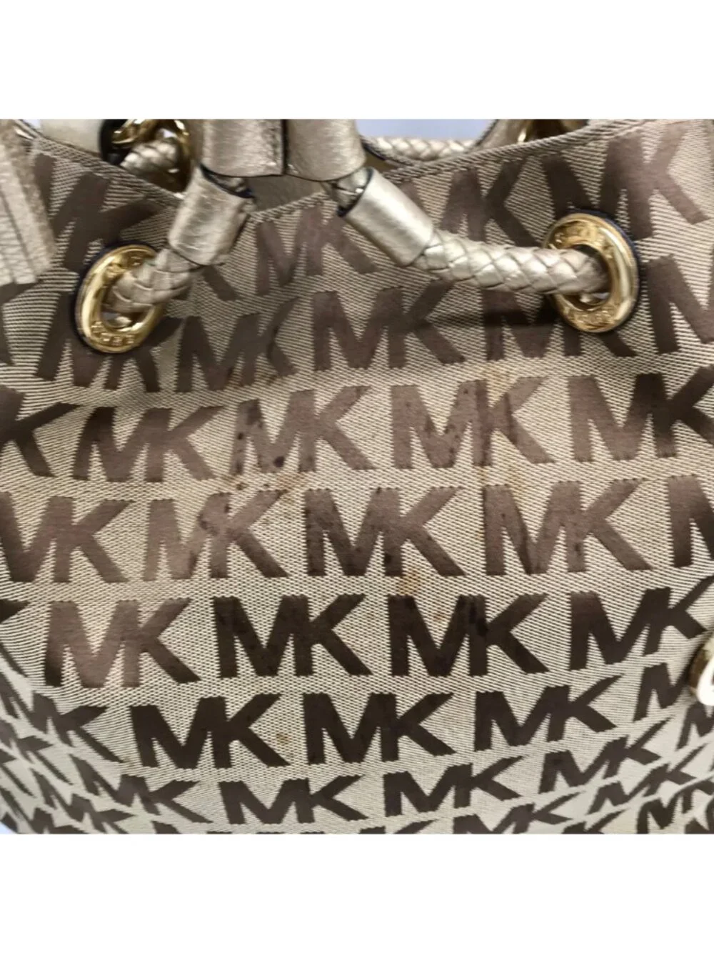 Michael Kors Brown & Gold Monogram Canvas Gathered Jet Set Tote Bag
